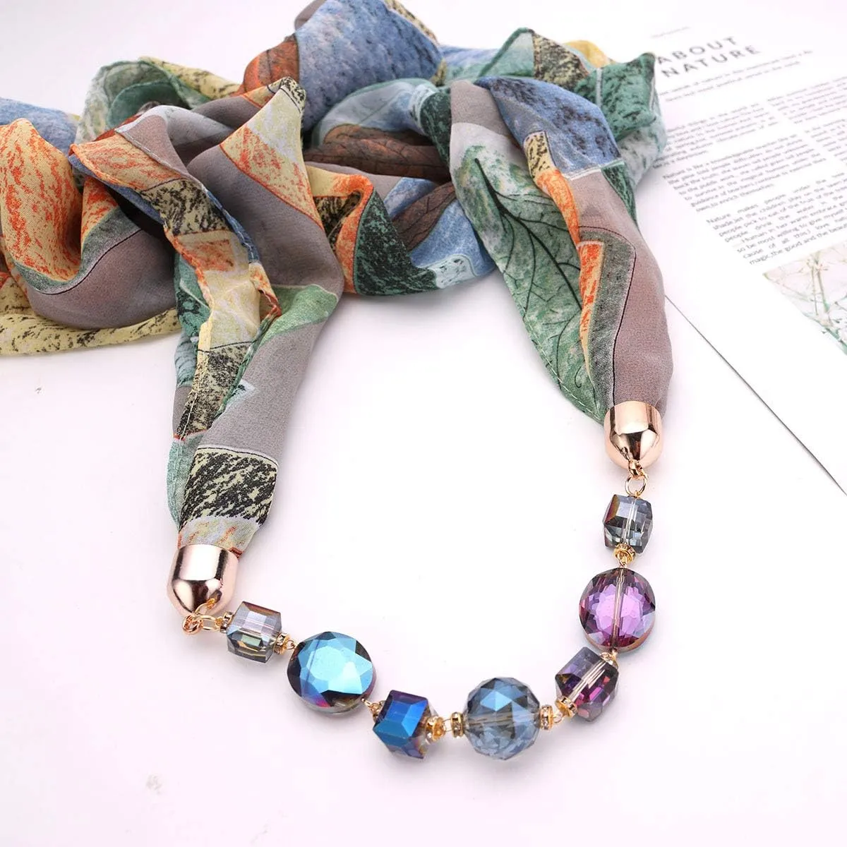Vintage Ethnic Women's Scarf Crystal Bead Pendant Accessory Necklace Soft Infinity Scarves(sc005)