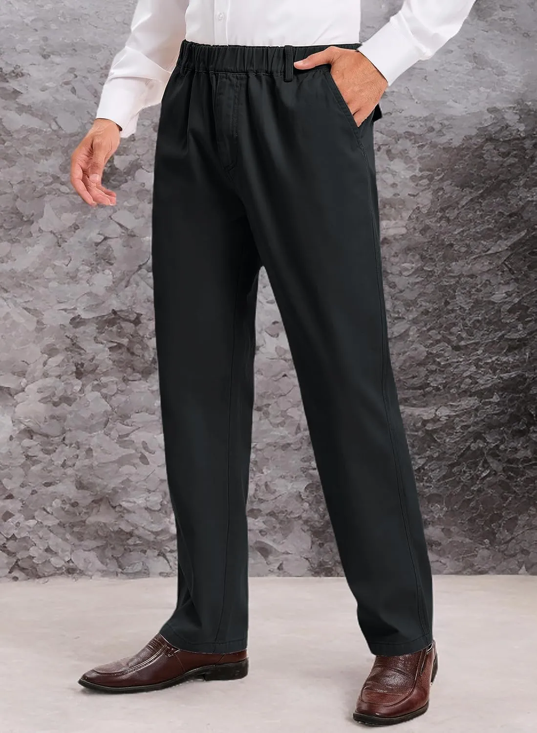 voeeron Mens Elastic Waist Pants Relaxed Fit Casual Pant for Seniors Stretch Fabric