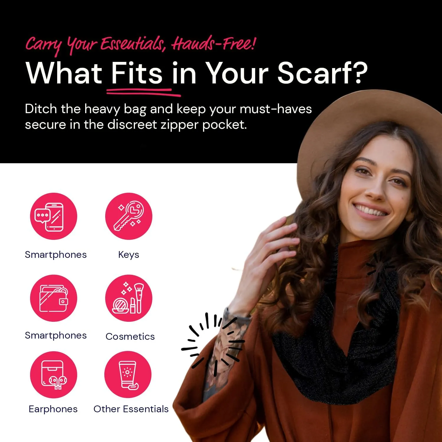 Warmin-Up Infinity Scarf for Women - Travel Scarf with Hidden Pocket - Women Infinity Scarves for All Seasons