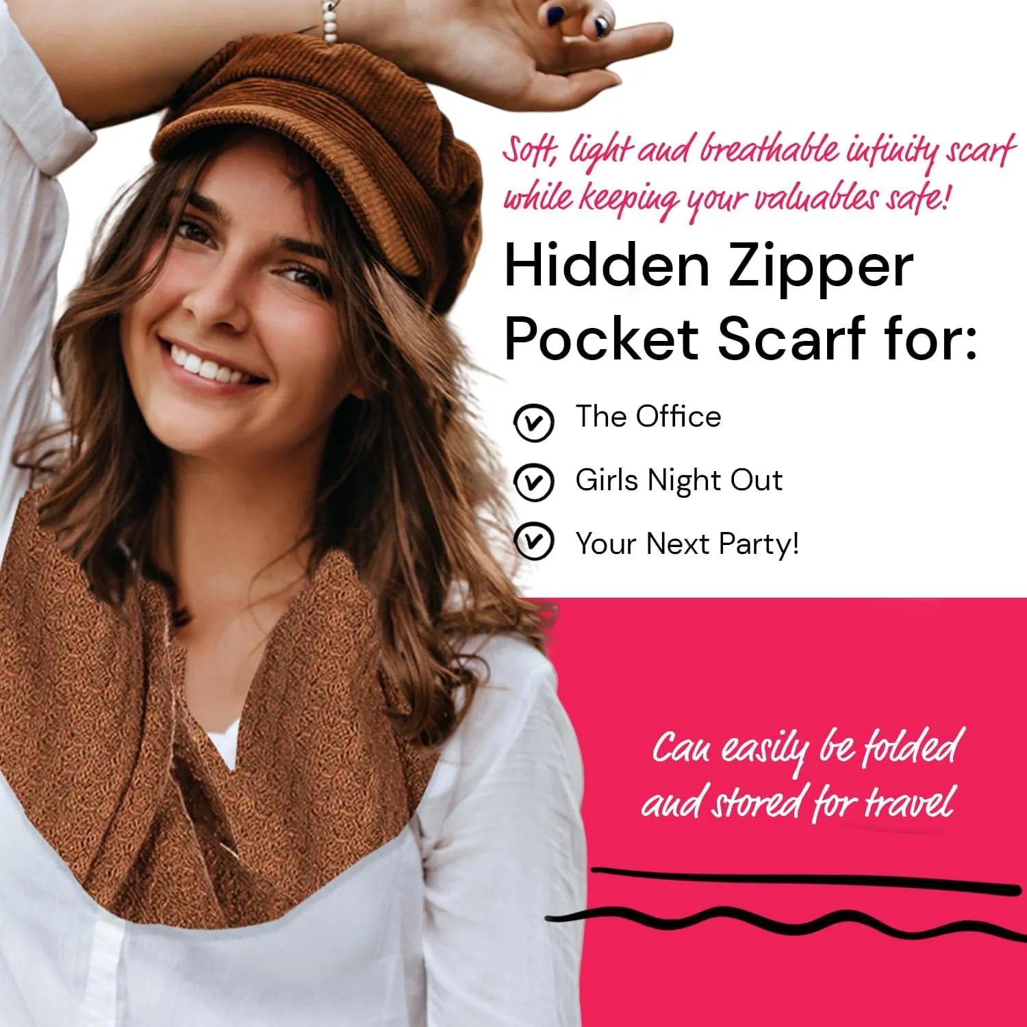 Warmin-Up Infinity Scarf for Women - Travel Scarf with Hidden Pocket - Women Infinity Scarves for All Seasons