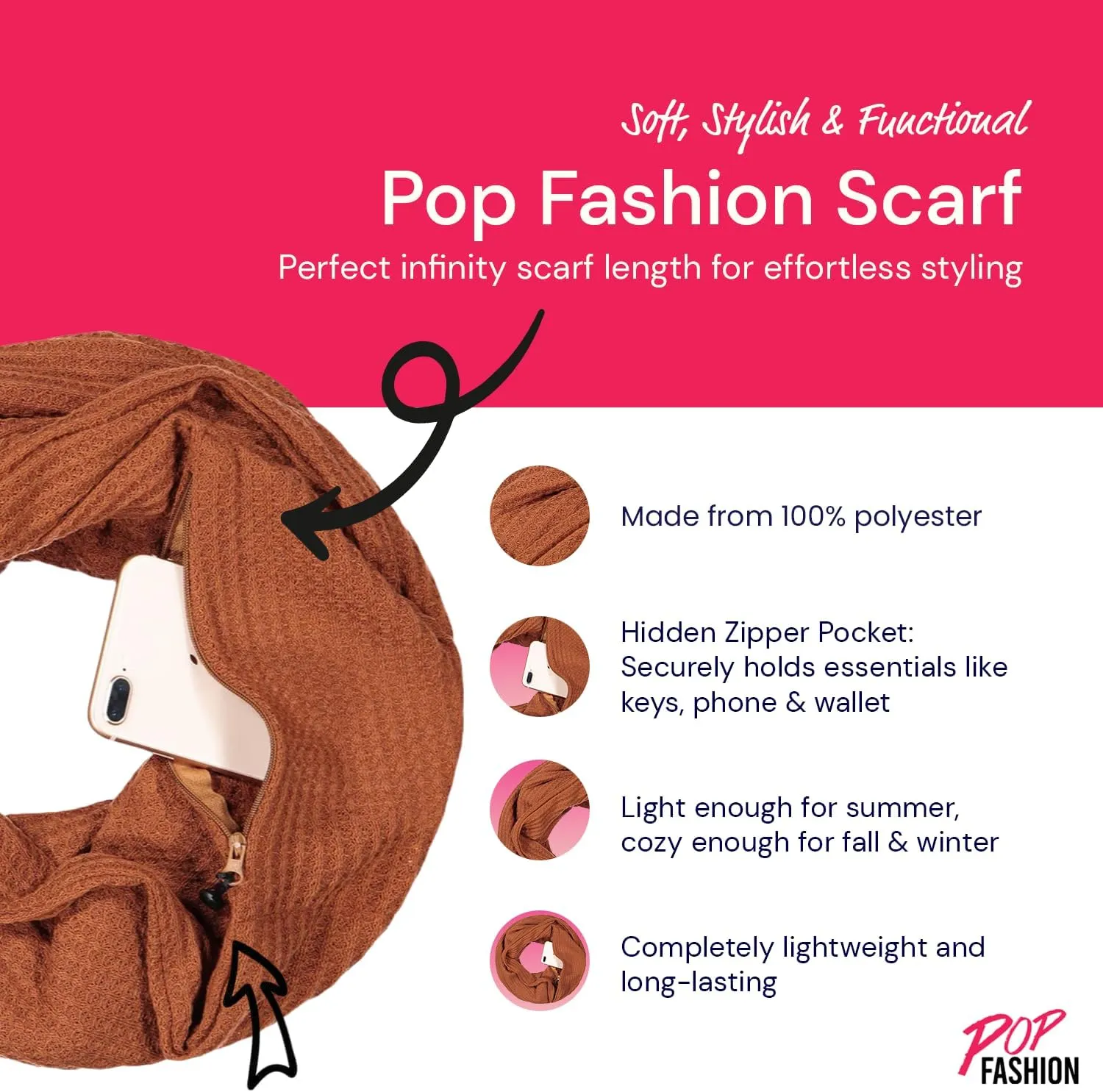 Warmin-Up Infinity Scarf for Women - Travel Scarf with Hidden Pocket - Women Infinity Scarves for All Seasons