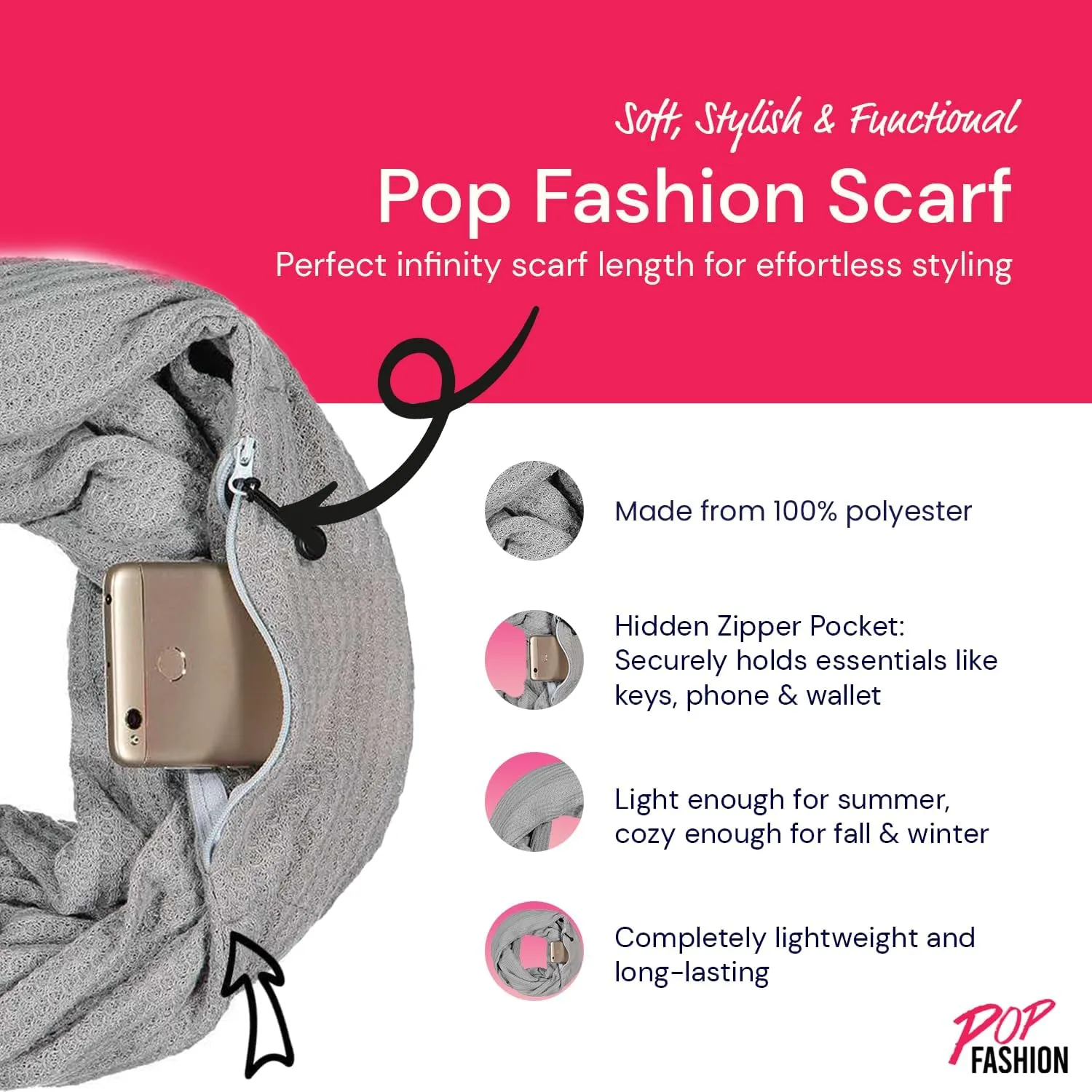 Warmin-Up Infinity Scarf for Women - Travel Scarf with Hidden Pocket - Women Infinity Scarves for All Seasons