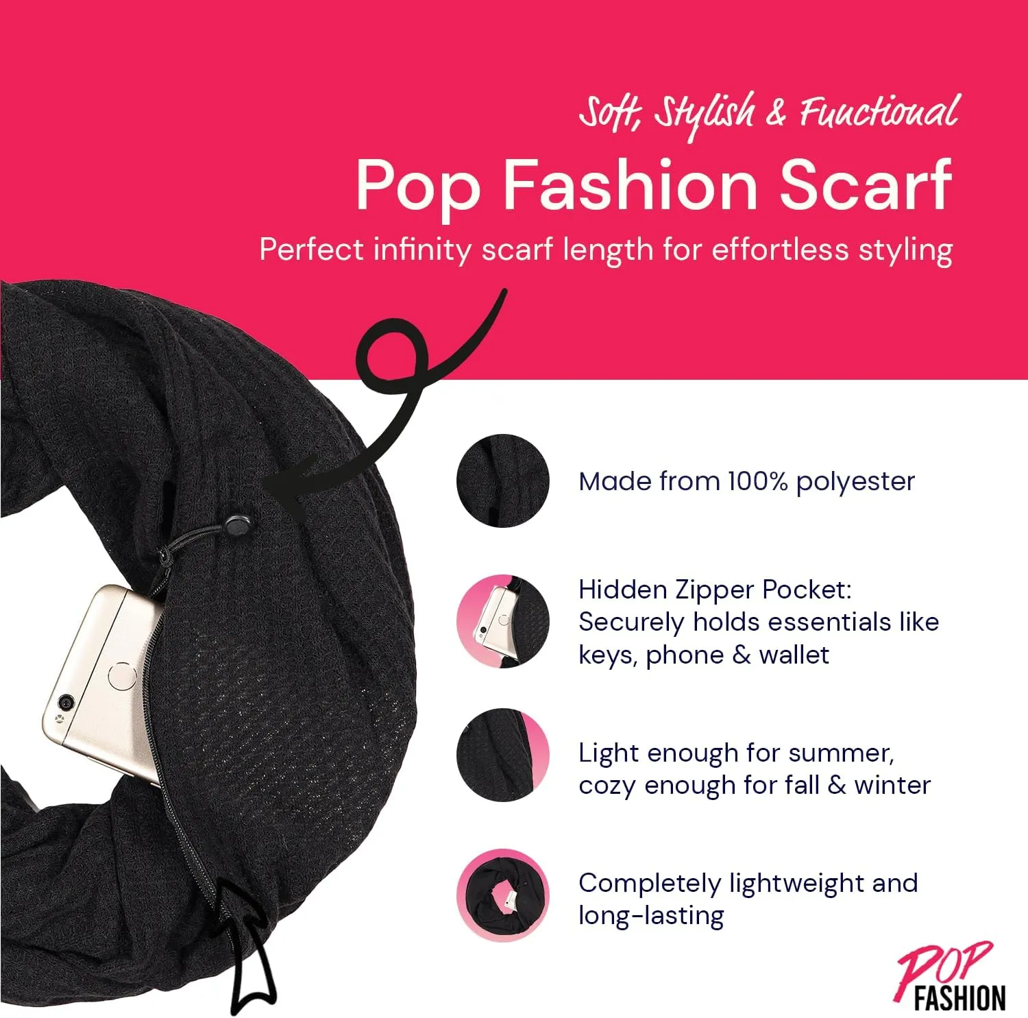 Warmin-Up Infinity Scarf for Women - Travel Scarf with Hidden Pocket - Women Infinity Scarves for All Seasons