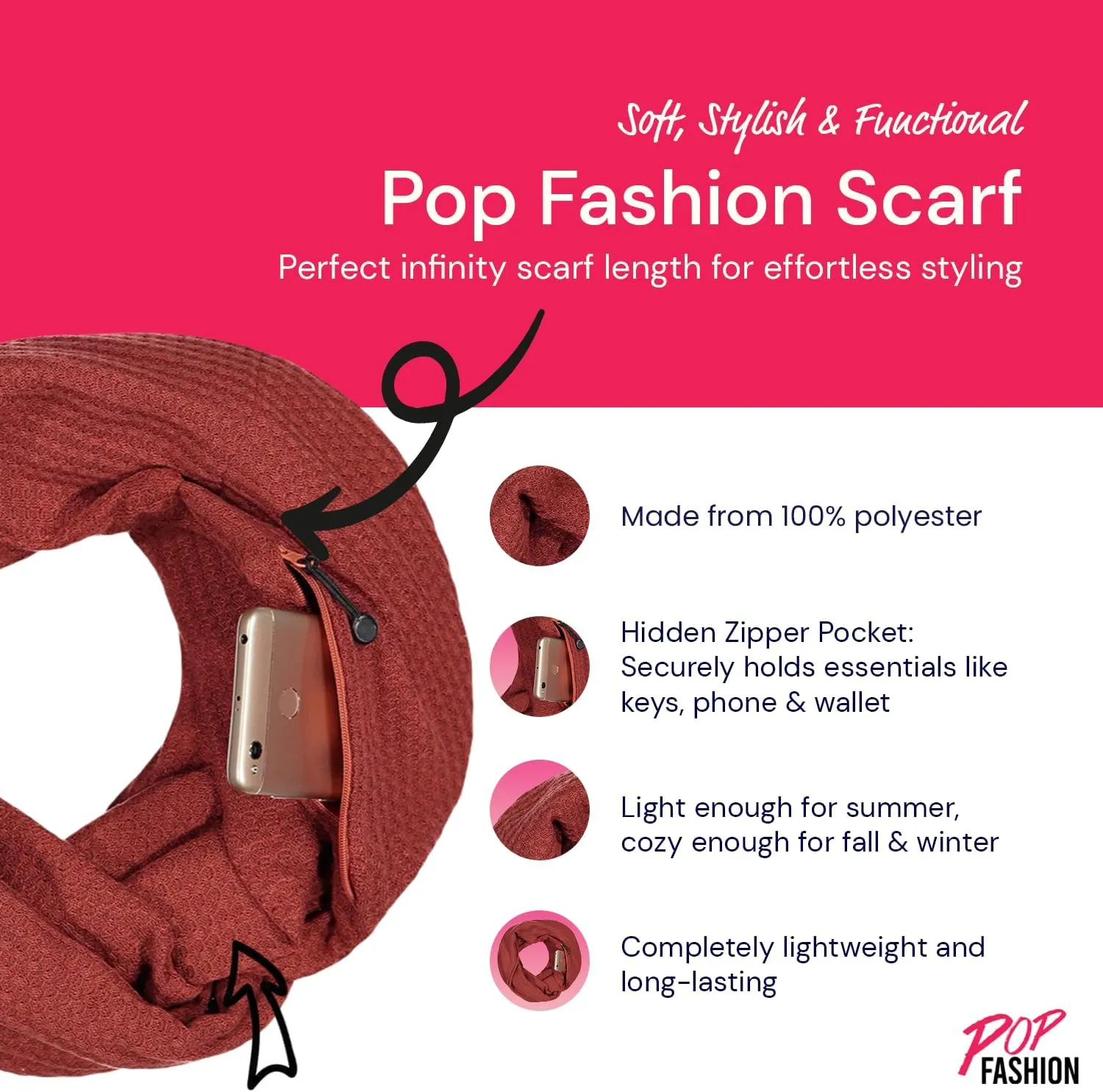 Warmin-Up Infinity Scarf for Women - Travel Scarf with Hidden Pocket - Women Infinity Scarves for All Seasons