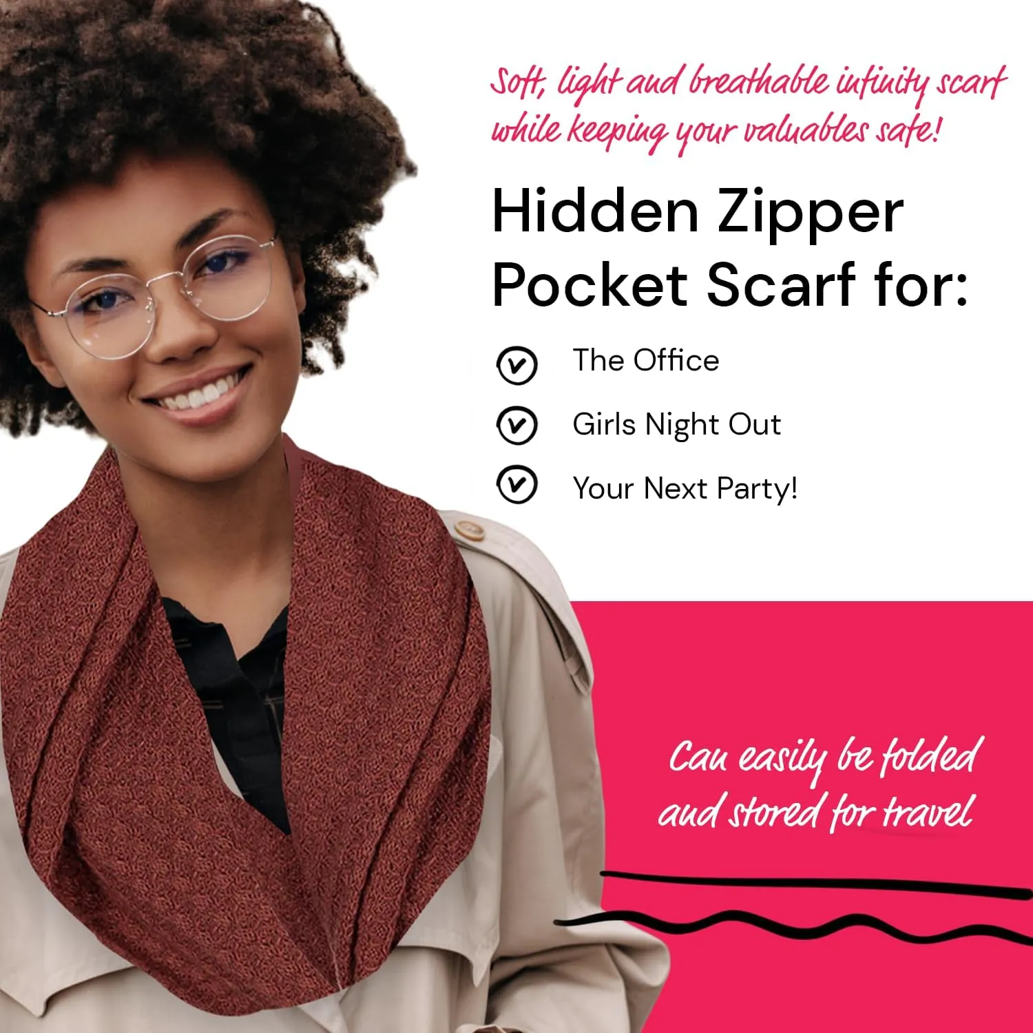 Warmin-Up Infinity Scarf for Women - Travel Scarf with Hidden Pocket - Women Infinity Scarves for All Seasons