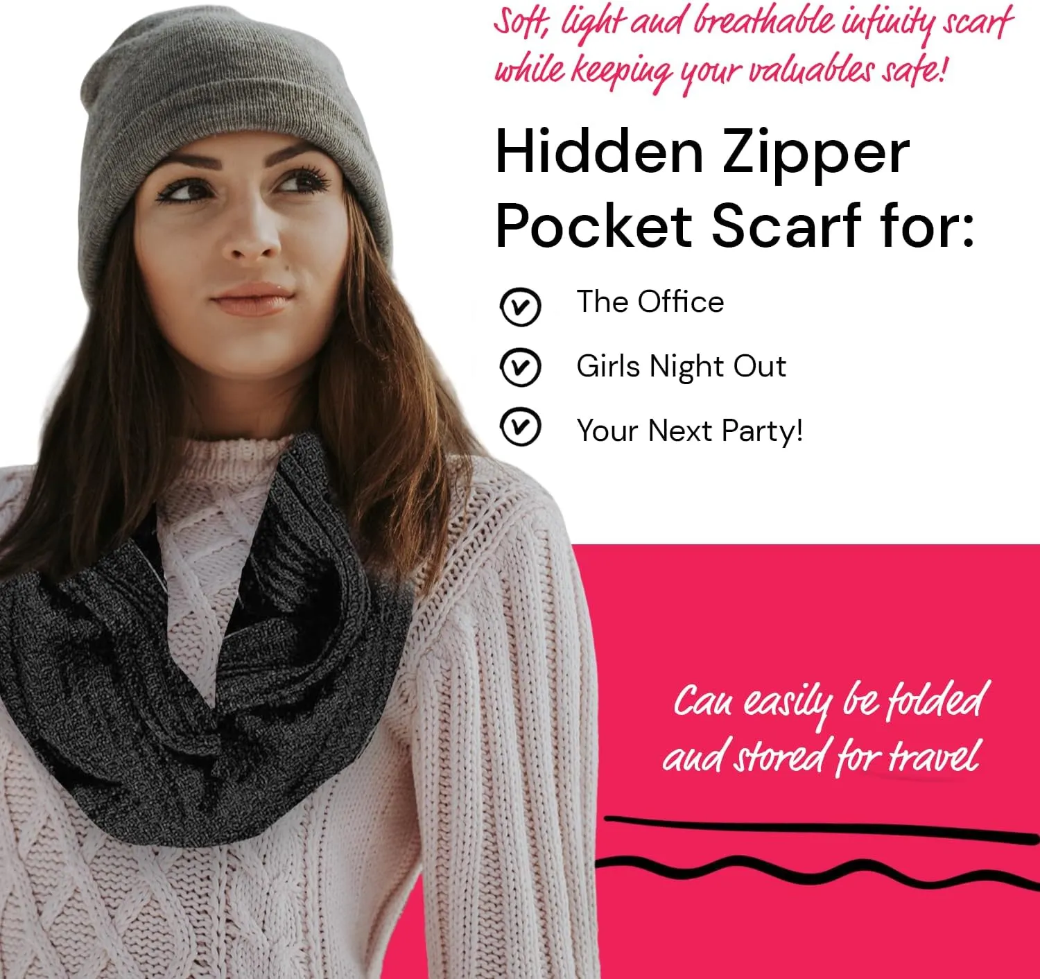 Warmin-Up Infinity Scarf for Women - Travel Scarf with Hidden Pocket - Women Infinity Scarves for All Seasons