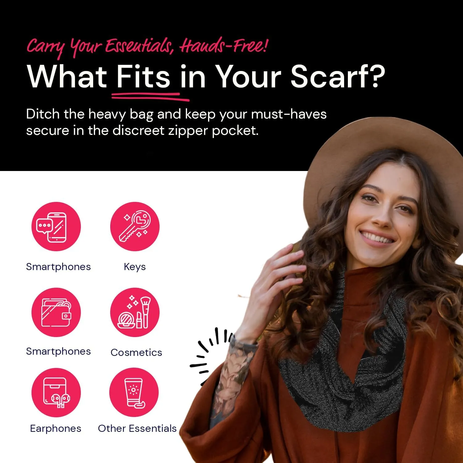 Warmin-Up Infinity Scarf for Women - Travel Scarf with Hidden Pocket - Women Infinity Scarves for All Seasons
