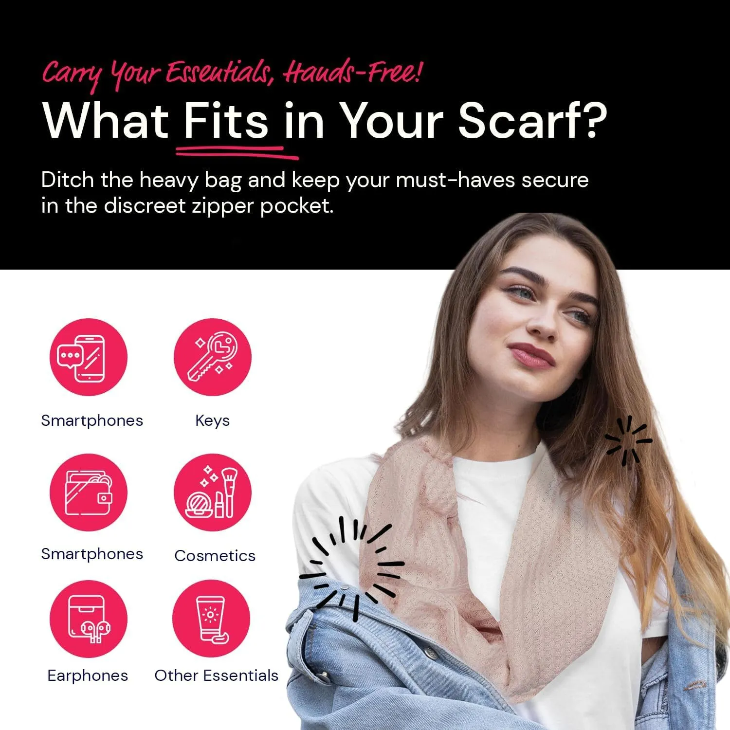 Warmin-Up Infinity Scarf for Women - Travel Scarf with Hidden Pocket - Women Infinity Scarves for All Seasons