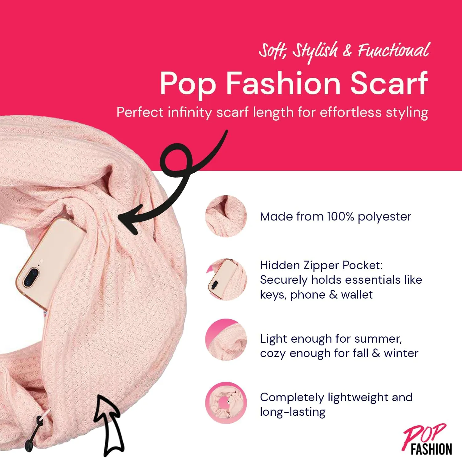 Warmin-Up Infinity Scarf for Women - Travel Scarf with Hidden Pocket - Women Infinity Scarves for All Seasons