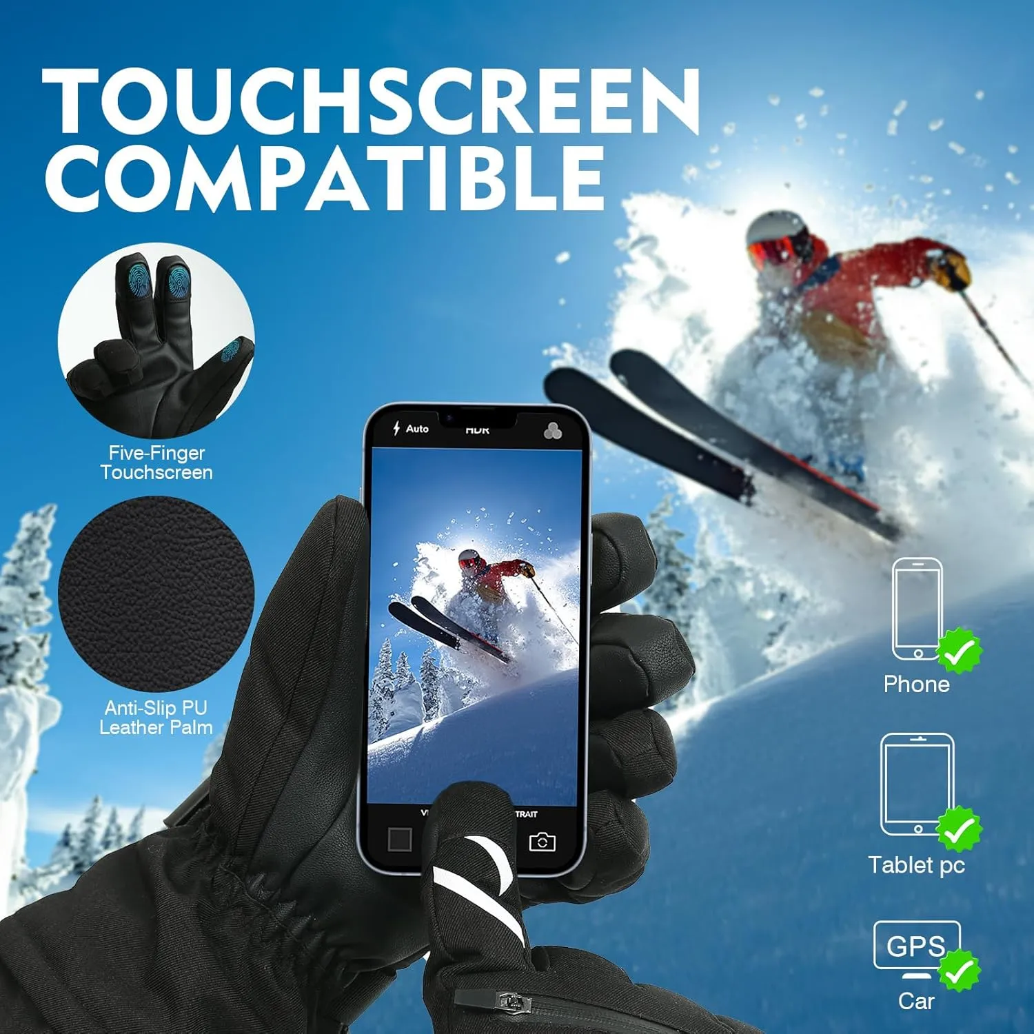 Waterproof Winter Gloves for Men and Women - Windproof Snow Ski Gloves, Breathable Warm Thermal 5-Finger Touchscreen for Driving, Workout, Running, Hiking, Cycling, Snowboarding