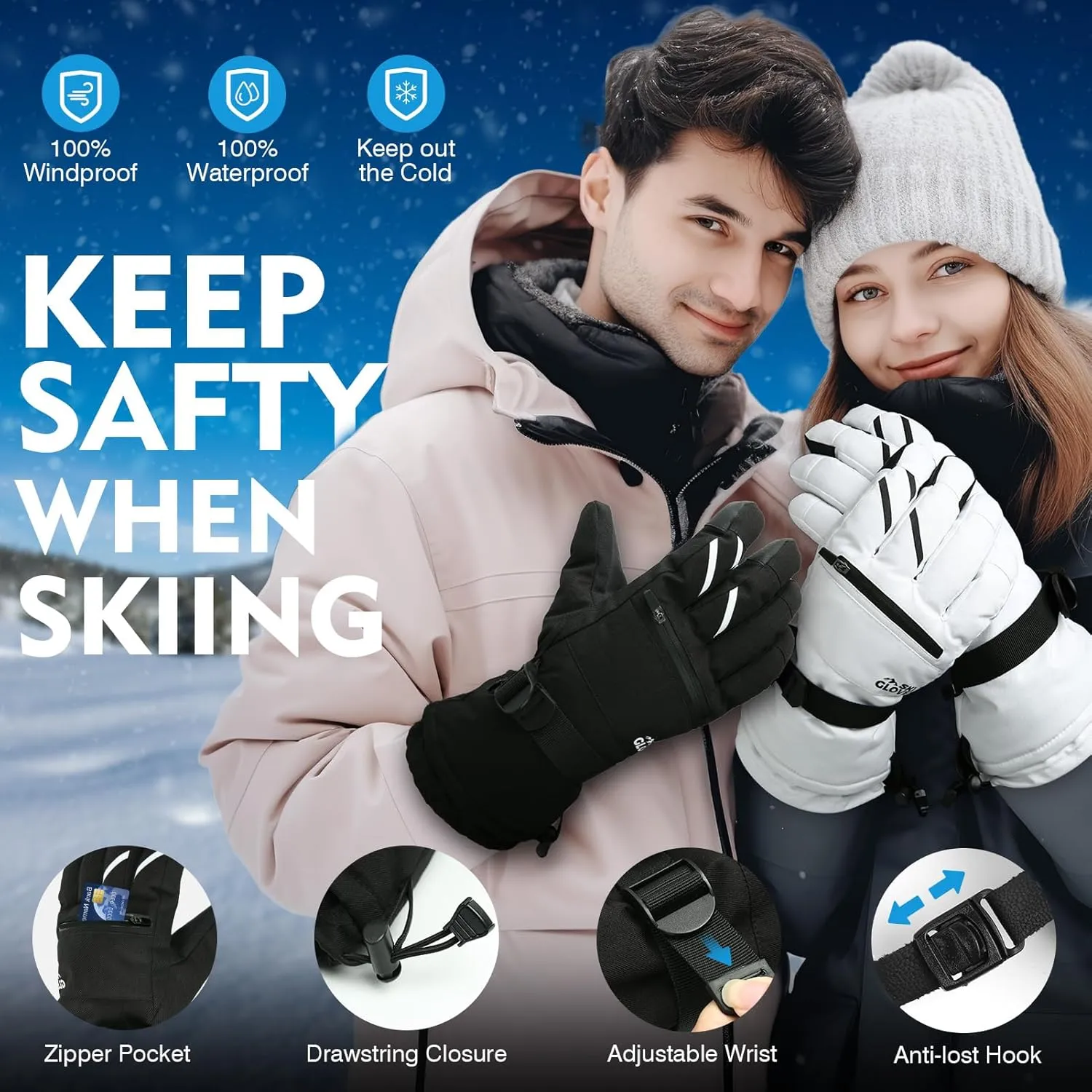 Waterproof Winter Gloves for Men and Women - Windproof Snow Ski Gloves, Breathable Warm Thermal 5-Finger Touchscreen for Driving, Workout, Running, Hiking, Cycling, Snowboarding