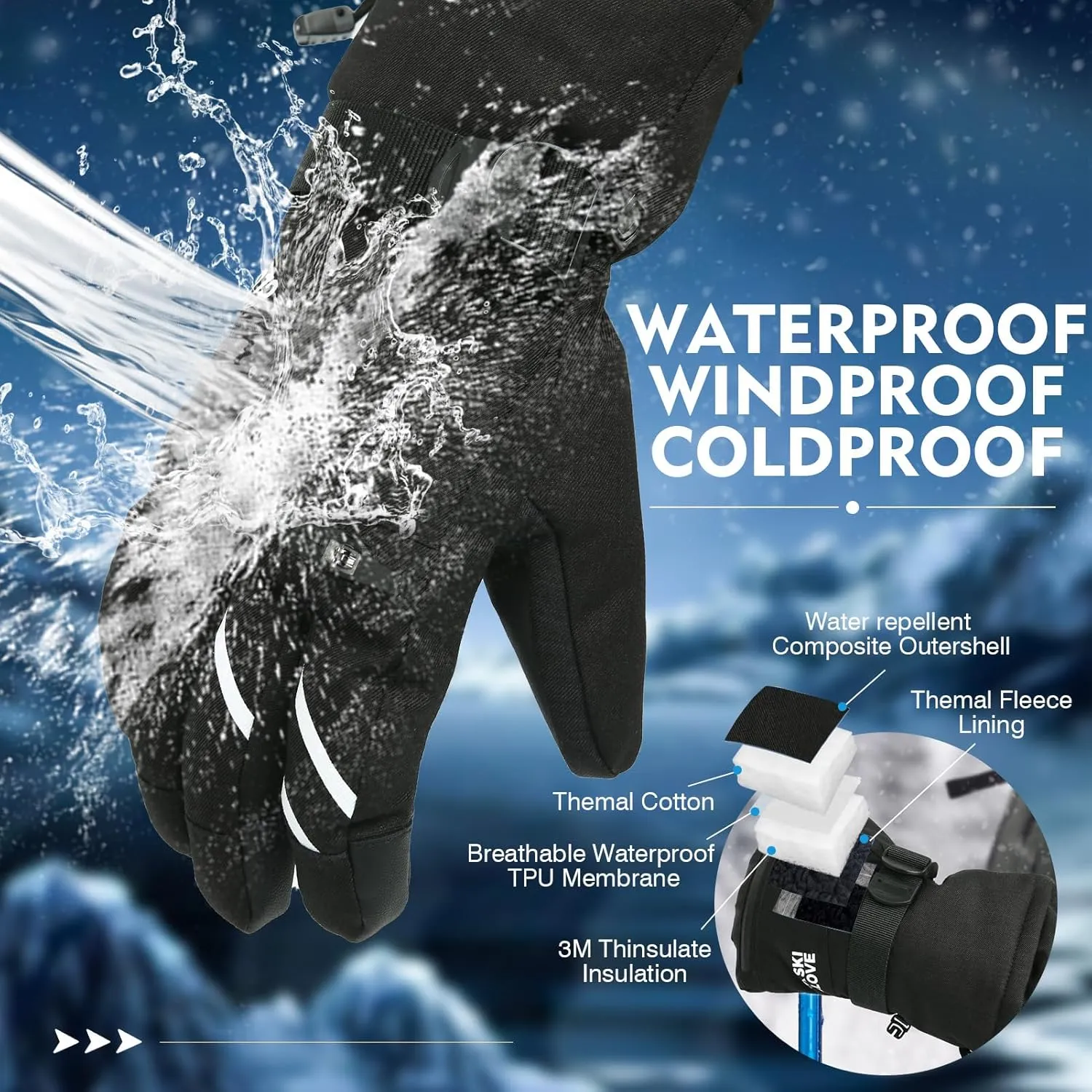 Waterproof Winter Gloves for Men and Women - Windproof Snow Ski Gloves, Breathable Warm Thermal 5-Finger Touchscreen for Driving, Workout, Running, Hiking, Cycling, Snowboarding