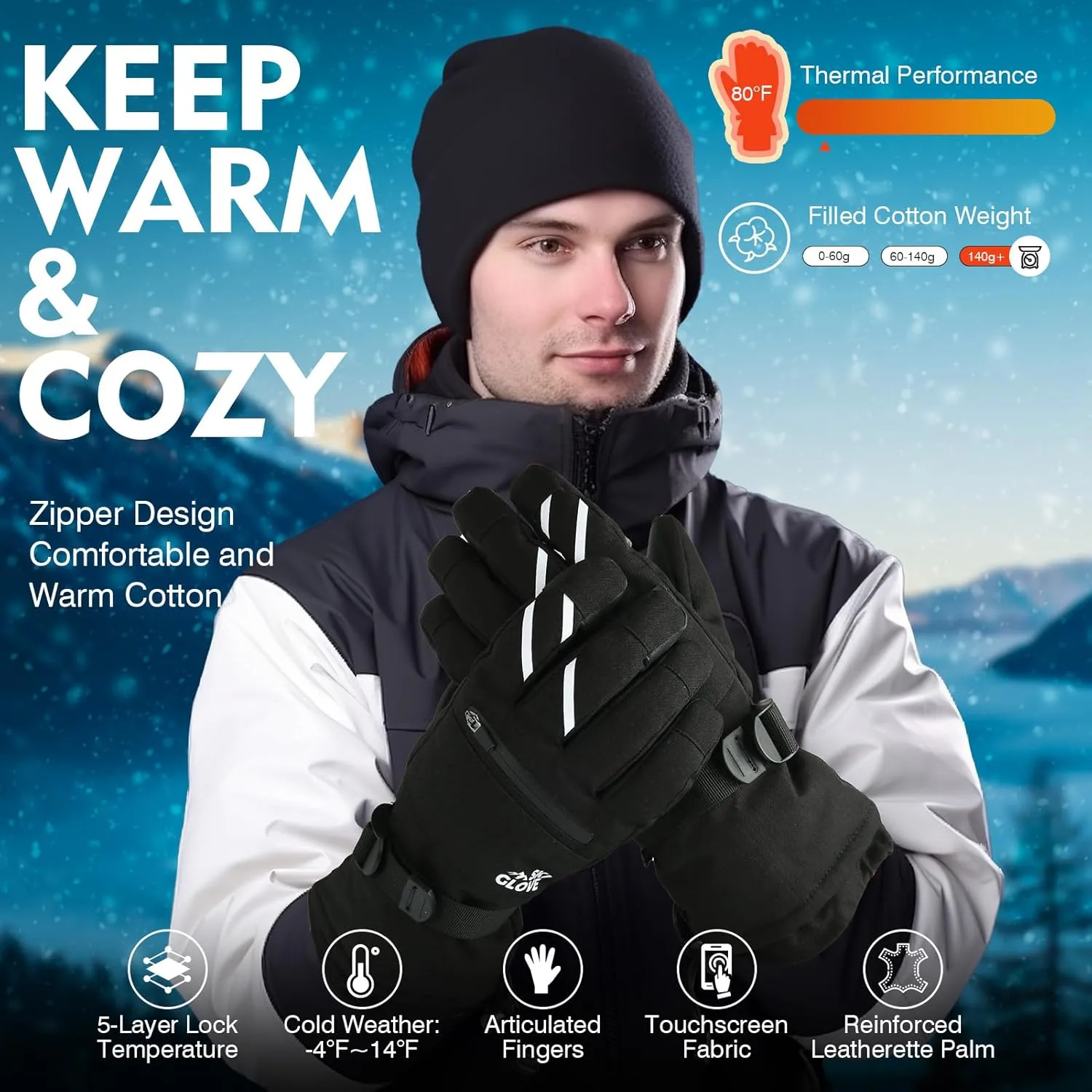 Waterproof Winter Gloves for Men and Women - Windproof Snow Ski Gloves, Breathable Warm Thermal 5-Finger Touchscreen for Driving, Workout, Running, Hiking, Cycling, Snowboarding