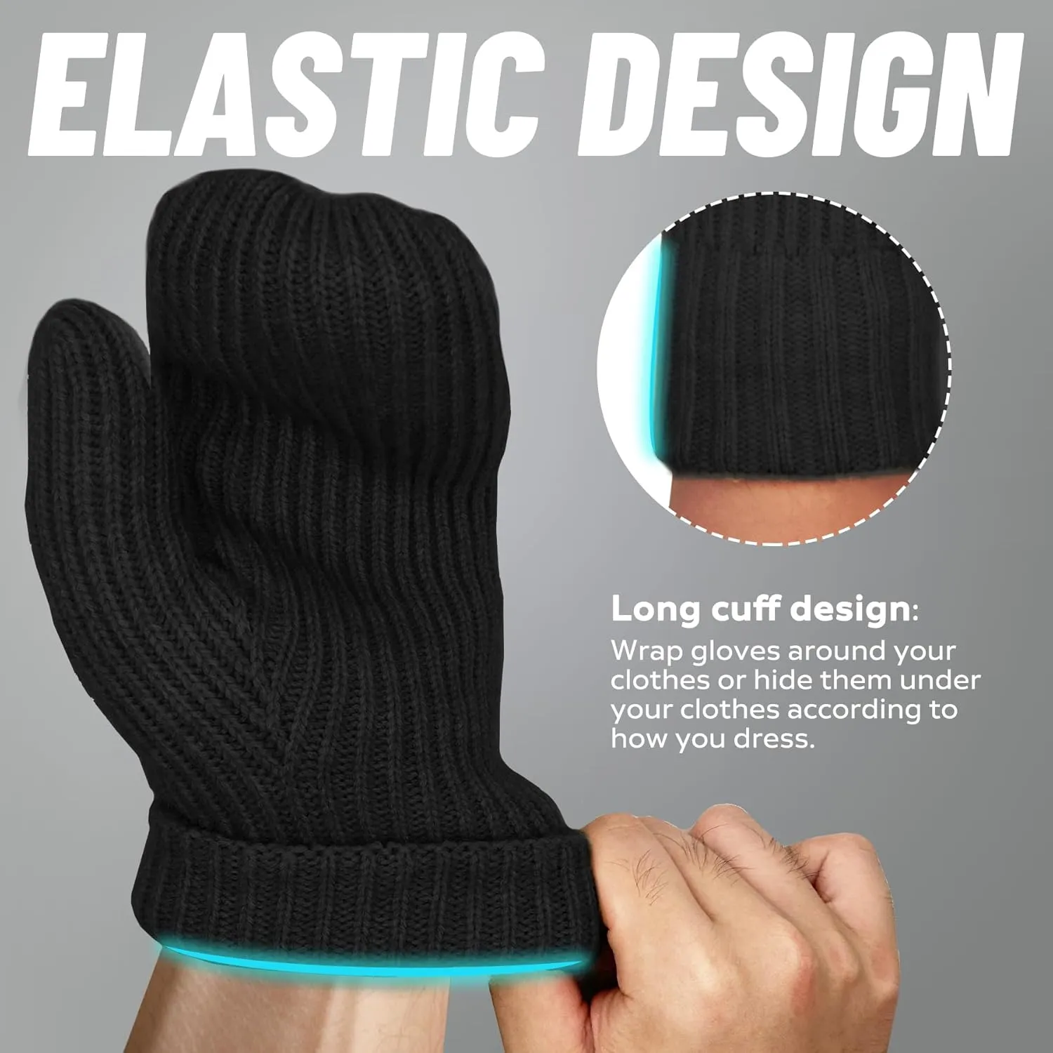 Whiteleopard Men's Winter Gloves Warm Lining Elastic Cuff - Knit Stretchy Cold Weather Warm Knit Thick Gloves Mittens