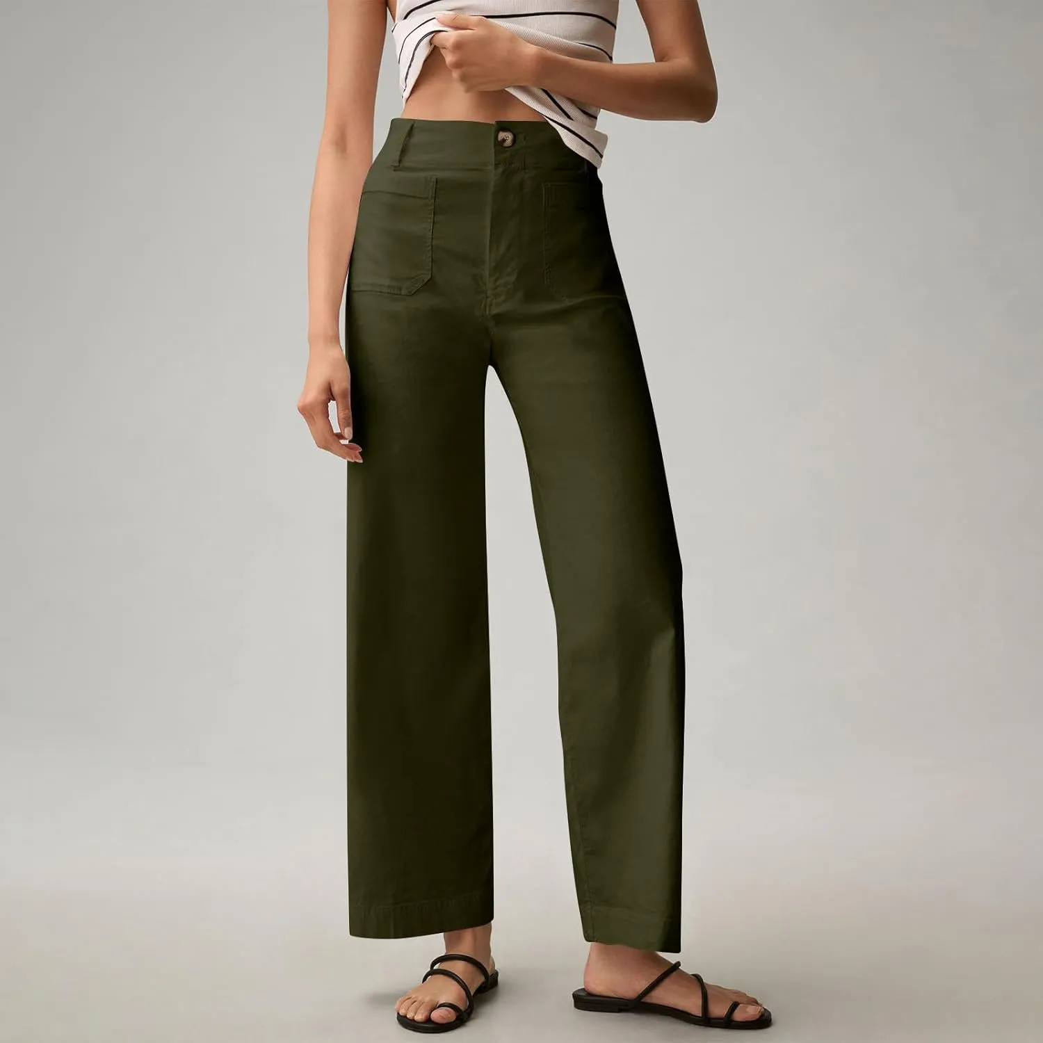 Wide Leg Work Pants Women Stretch Twill Back Elastic Waist Work Pants Business Casual Loose Fit Chino Pants Trousers