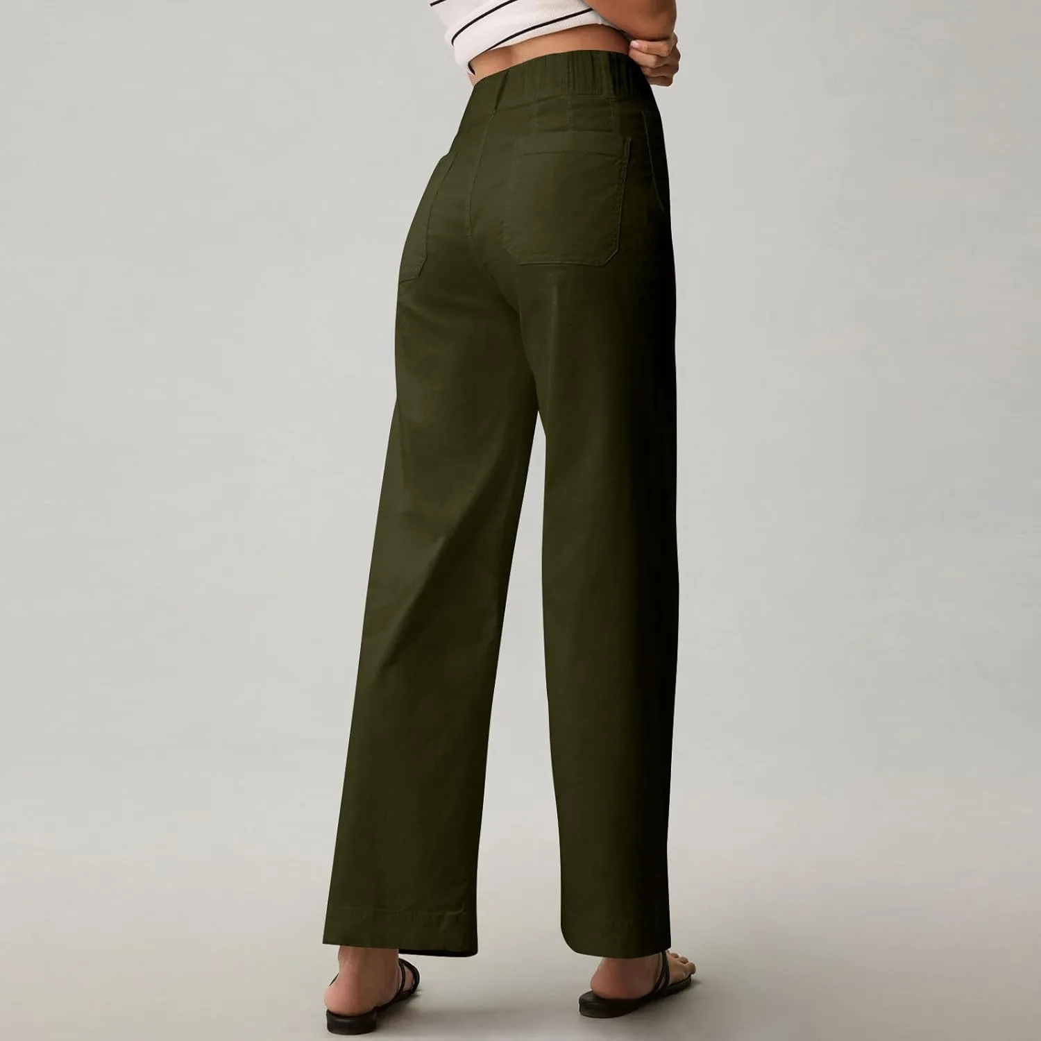 Wide Leg Work Pants Women Stretch Twill Back Elastic Waist Work Pants Business Casual Loose Fit Chino Pants Trousers