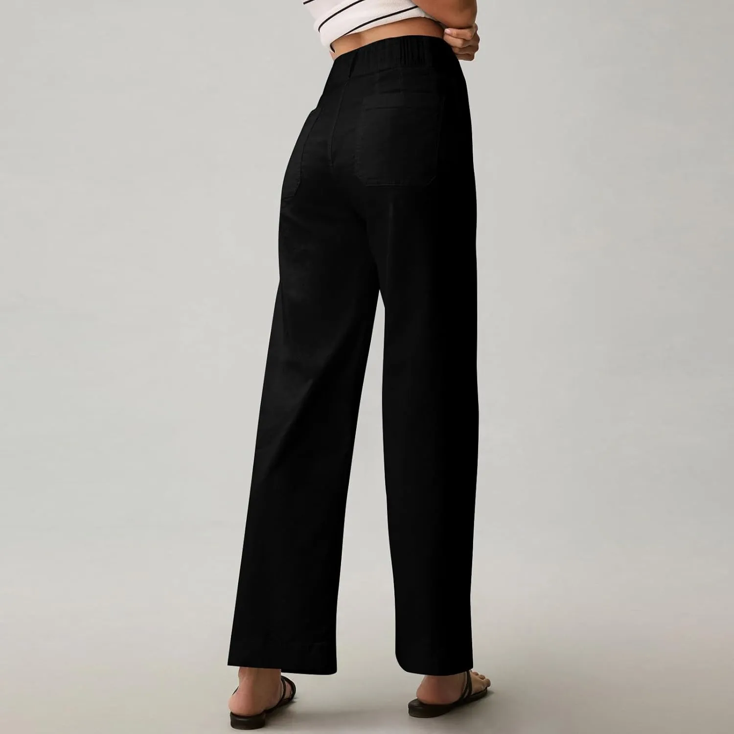 Wide Leg Work Pants Women Stretch Twill Back Elastic Waist Work Pants Business Casual Loose Fit Chino Pants Trousers