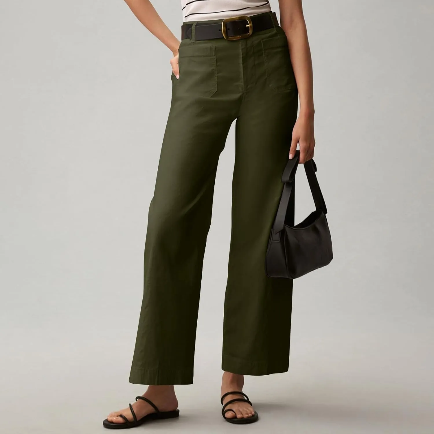 Wide Leg Work Pants Women Stretch Twill Back Elastic Waist Work Pants Business Casual Loose Fit Chino Pants Trousers