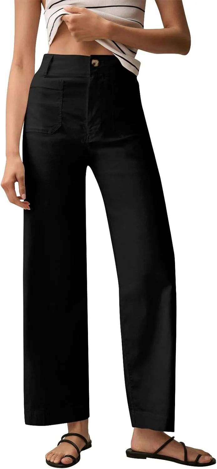 Wide Leg Work Pants Women Stretch Twill Back Elastic Waist Work Pants Business Casual Loose Fit Chino Pants Trousers