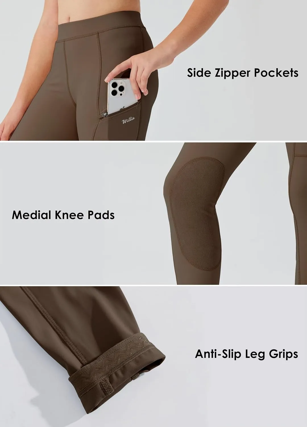 Willit Girls Horse Riding Pants Tights Kids Equestrian Breeches Knee-Patch Youth Schooling Tights Zipper Pockets