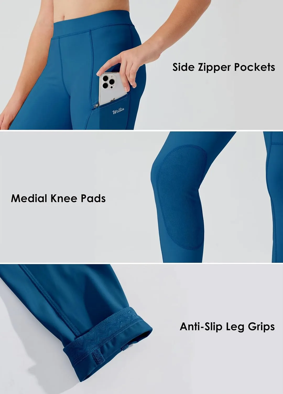 Willit Girls Horse Riding Pants Tights Kids Equestrian Breeches Knee-Patch Youth Schooling Tights Zipper Pockets