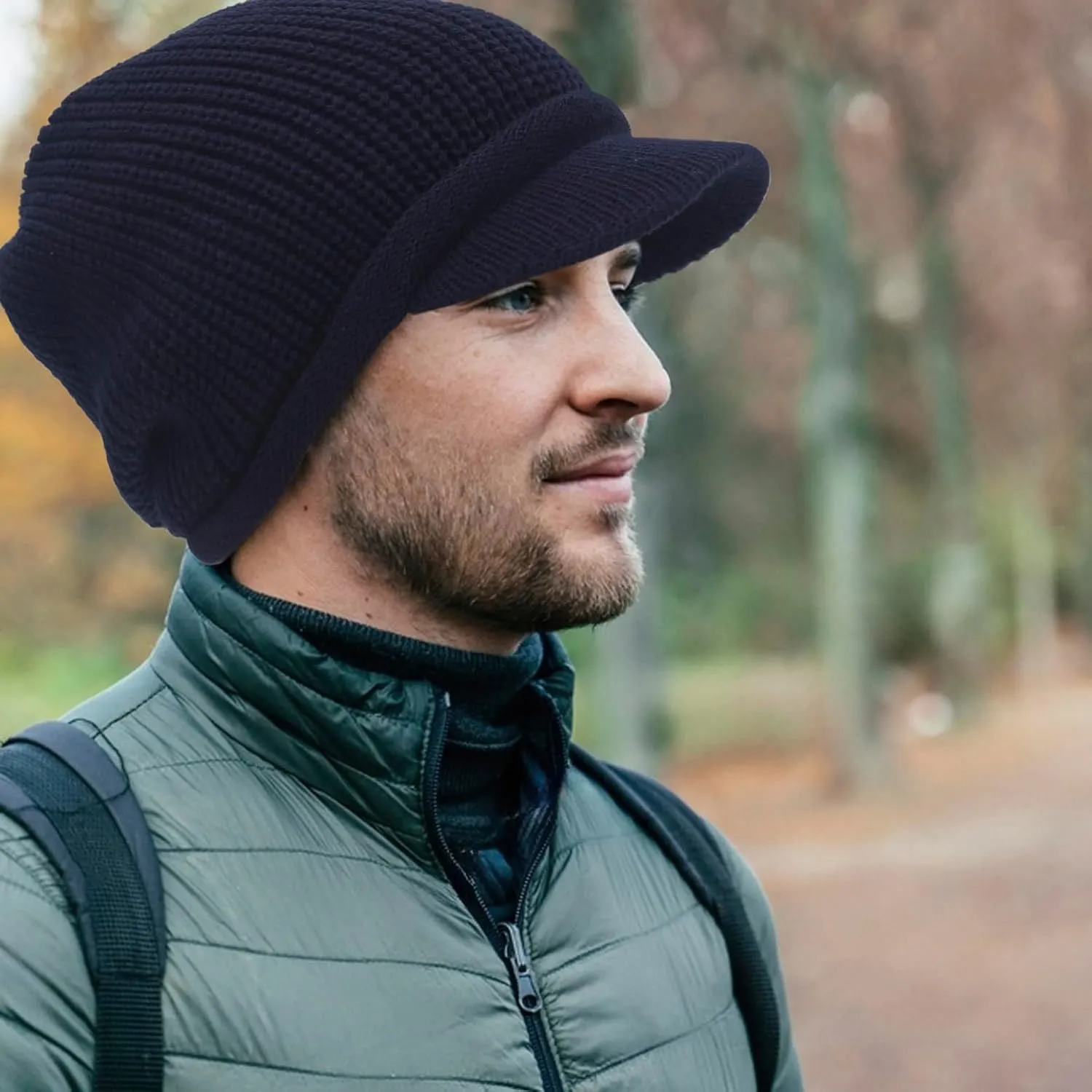 Winter Beanie with Visor - Stylish Knit Hat with Bill - Thick Brimmed Beanies with Fleece Lining Men and Women