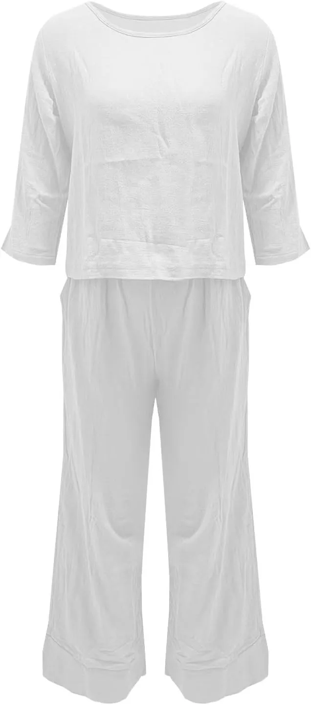 Women 2 Piece Linen Sets 2024 Long Sleeve Shirt Drawstring Wide Leg Pants Set Summer Outfits Linen Pant Suits Women