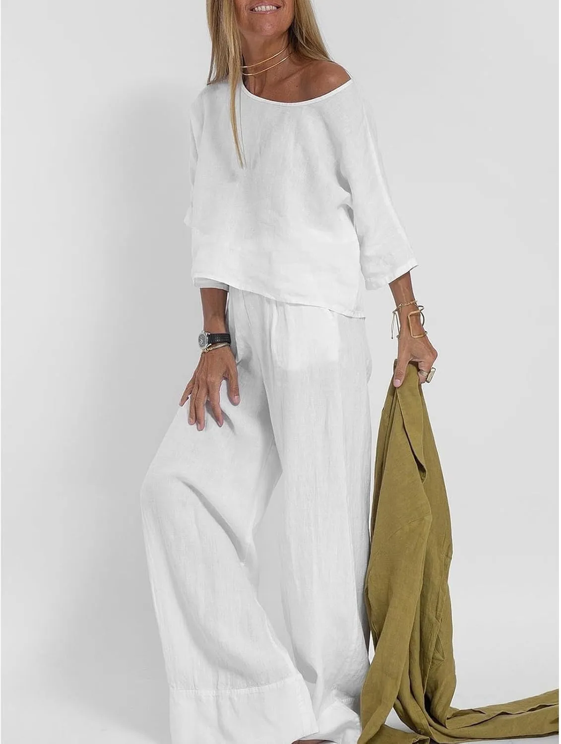 Women 2 Piece Linen Sets 2024 Long Sleeve Shirt Drawstring Wide Leg Pants Set Summer Outfits Linen Pant Suits Women