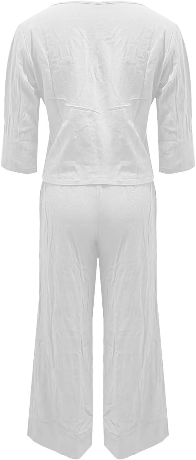 Women 2 Piece Linen Sets 2024 Long Sleeve Shirt Drawstring Wide Leg Pants Set Summer Outfits Linen Pant Suits Women