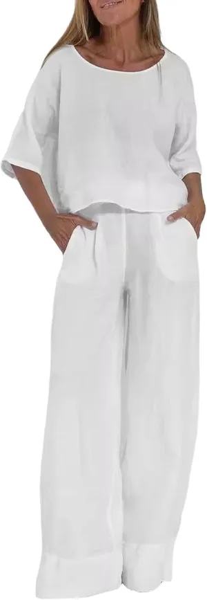 Women 2 Piece Linen Sets 2024 Long Sleeve Shirt Drawstring Wide Leg Pants Set Summer Outfits Linen Pant Suits Women