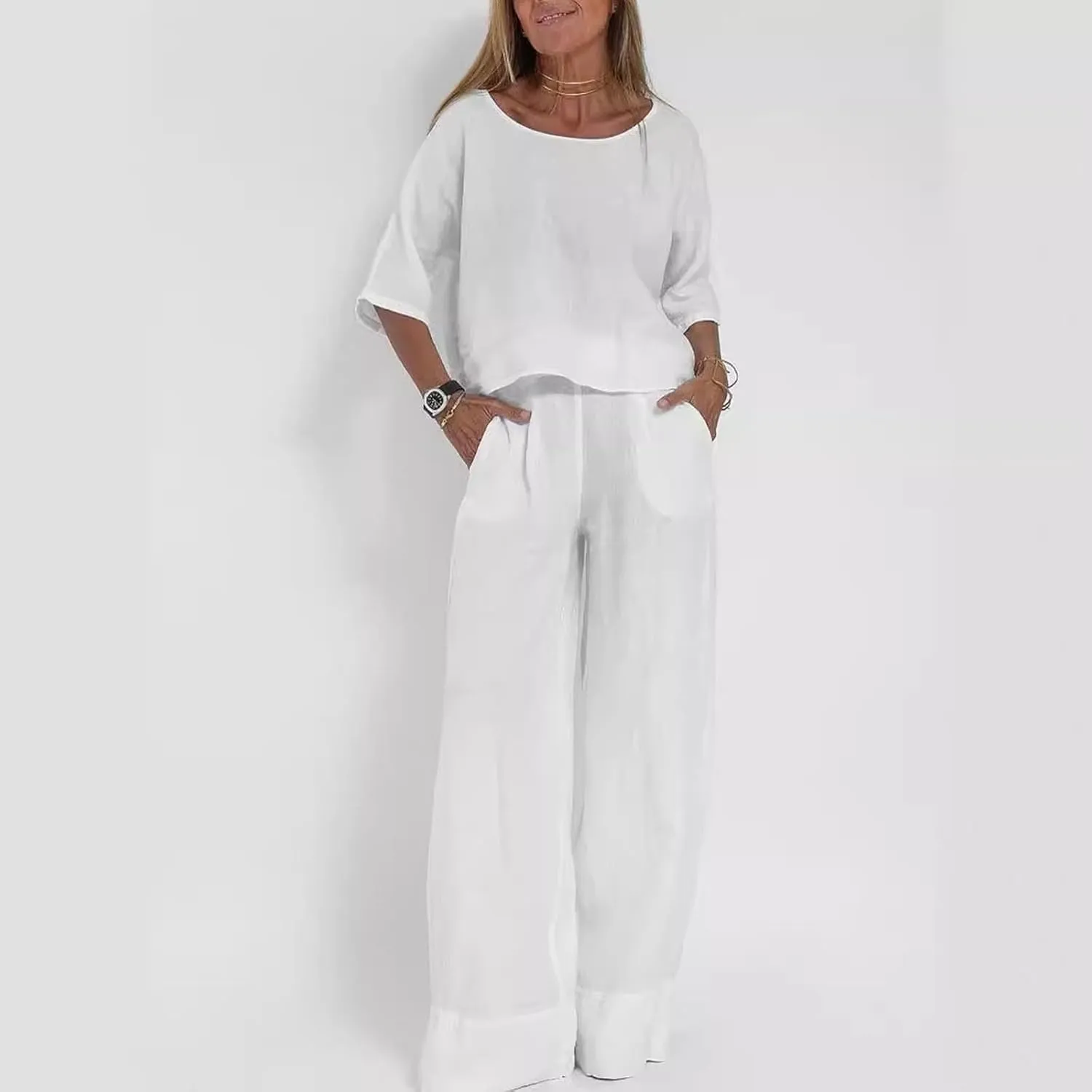 Women 2 Piece Linen Sets 2024 Long Sleeve Shirt Drawstring Wide Leg Pants Set Summer Outfits Linen Pant Suits Women