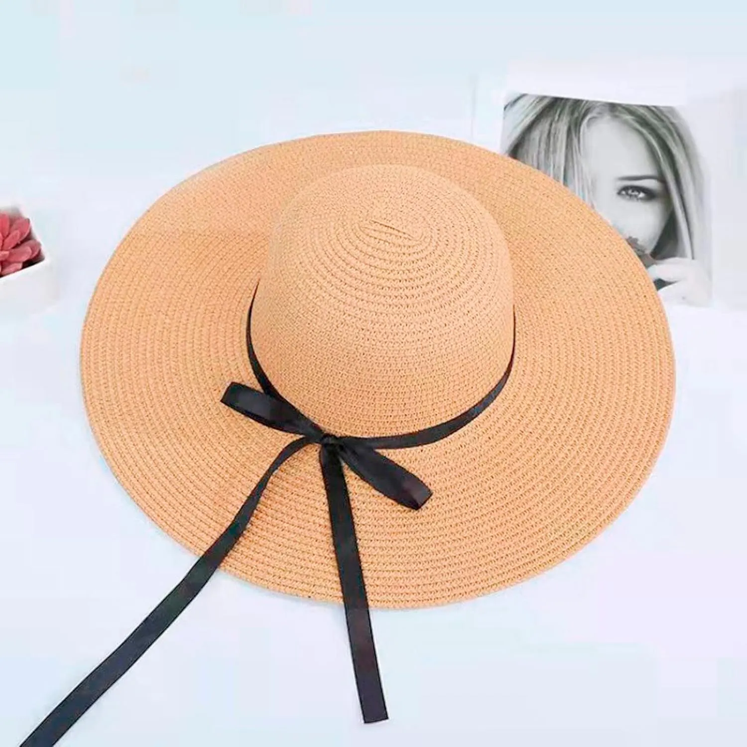 Women Big Brim Straw Hat Sun Floppy Wide Brim Hats Bowknot Folding Beach Cap Running Cap Women