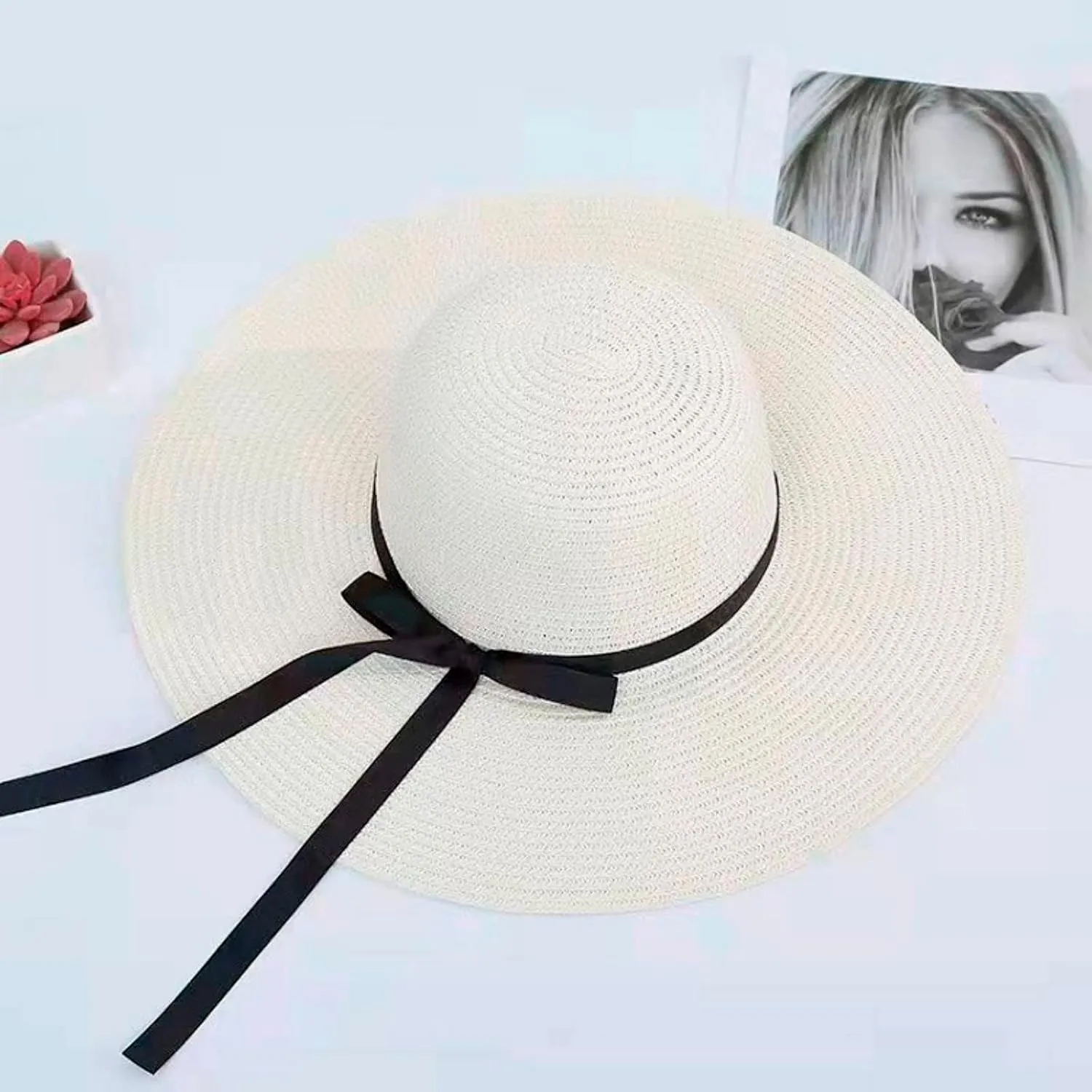 Women Big Brim Straw Hat Sun Floppy Wide Brim Hats Bowknot Folding Beach Cap Running Cap Women