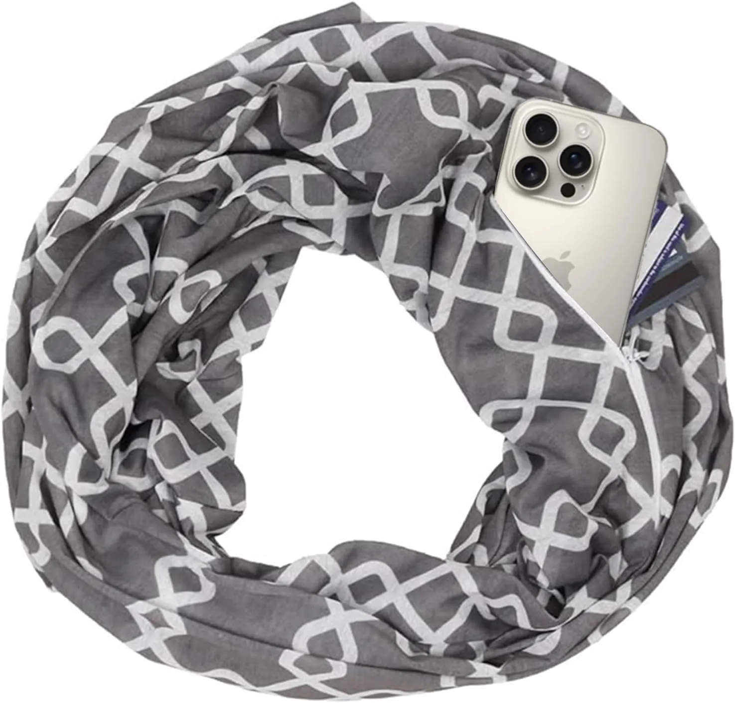 Women Chain Link Pattern Infinity Scarf Wrap Scarf with White Zipper Pocket, Infinity Scarves