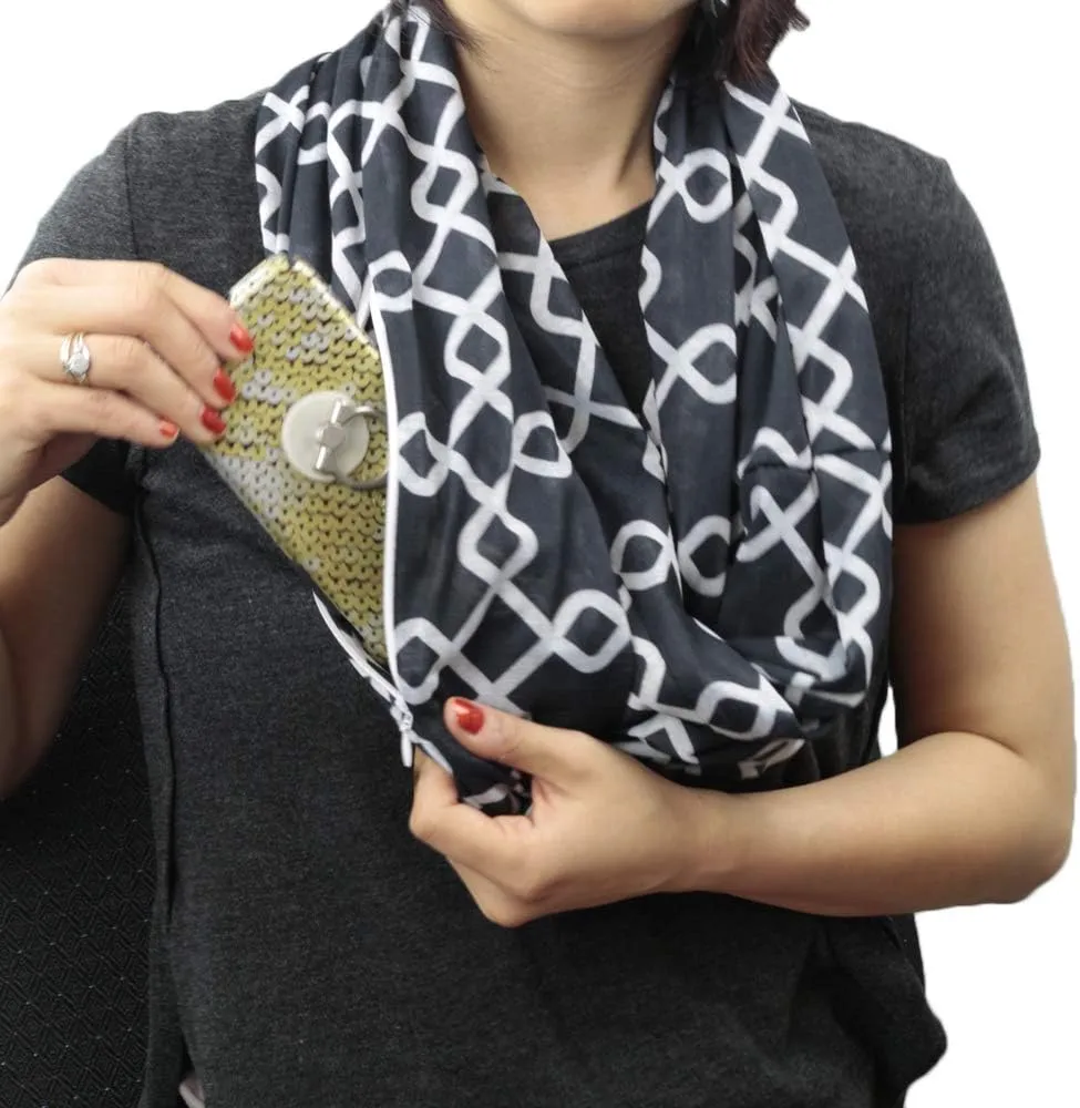 Women Chain Link Pattern Infinity Scarf Wrap Scarf with White Zipper Pocket, Infinity Scarves