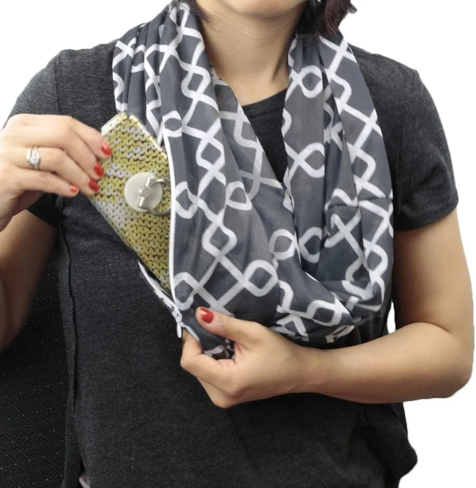 Women Chain Link Pattern Infinity Scarf Wrap Scarf with White Zipper Pocket, Infinity Scarves