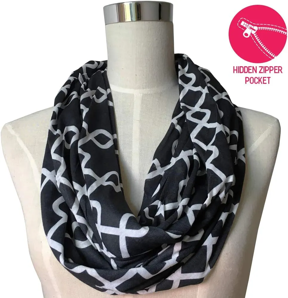 Women Chain Link Pattern Infinity Scarf Wrap Scarf with White Zipper Pocket, Infinity Scarves