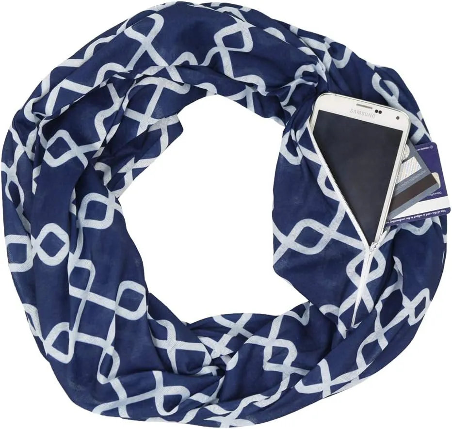 Women Chain Link Pattern Infinity Scarf Wrap Scarf with White Zipper Pocket, Infinity Scarves