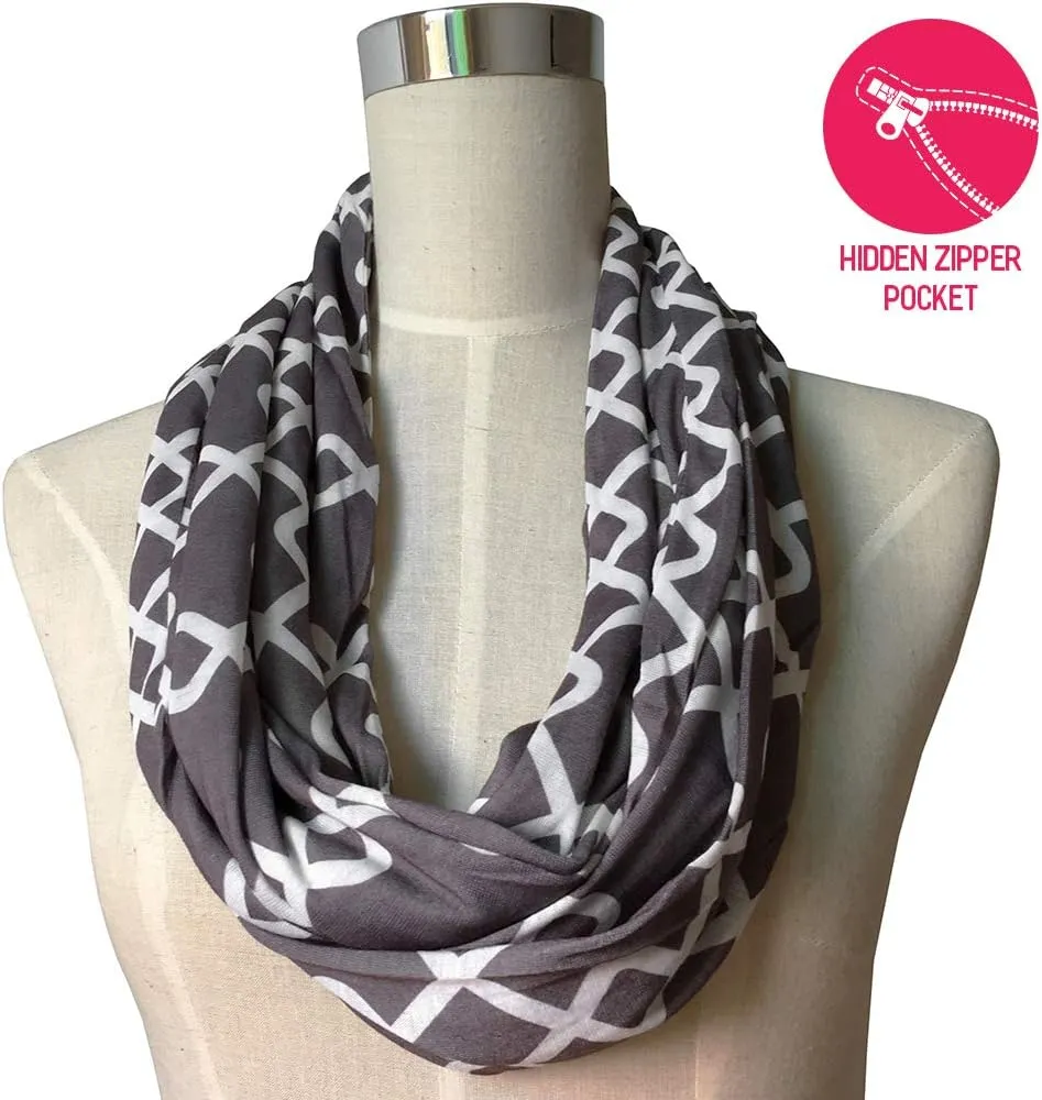 Women Chain Link Pattern Infinity Scarf Wrap Scarf with White Zipper Pocket, Infinity Scarves