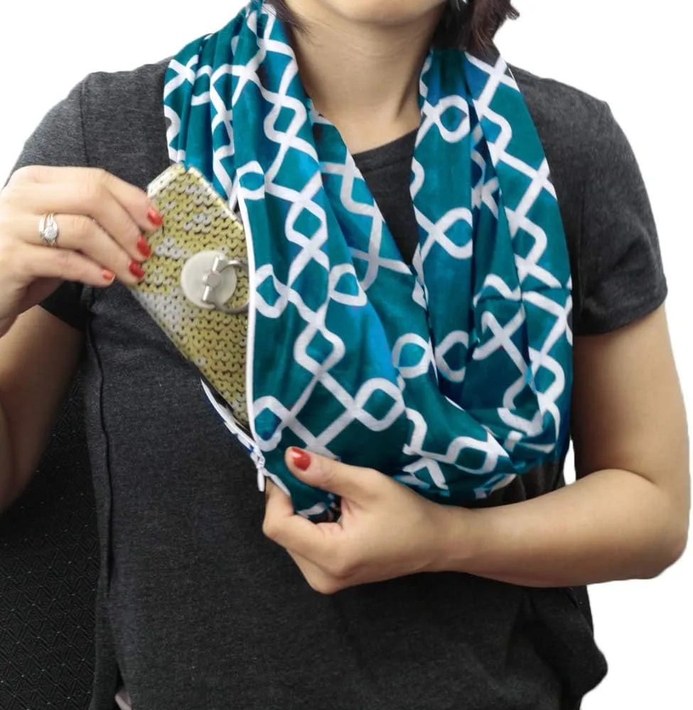 Women Chain Link Pattern Infinity Scarf Wrap Scarf with White Zipper Pocket, Infinity Scarves