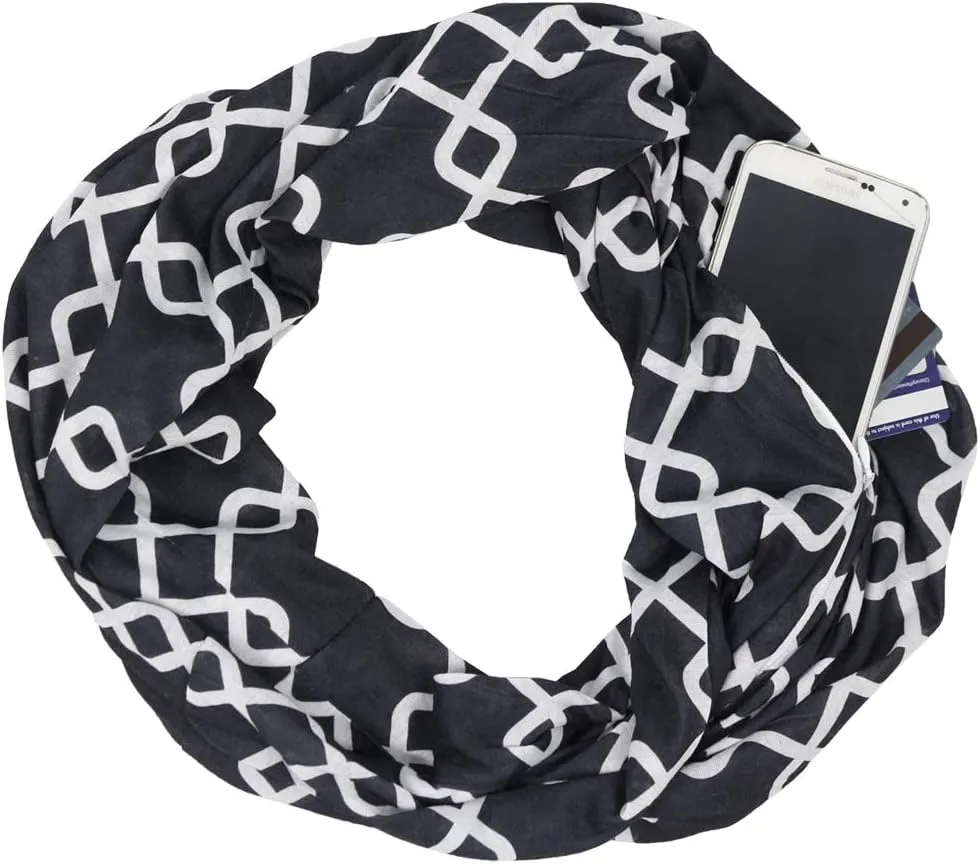 Women Chain Link Pattern Infinity Scarf Wrap Scarf with White Zipper Pocket, Infinity Scarves