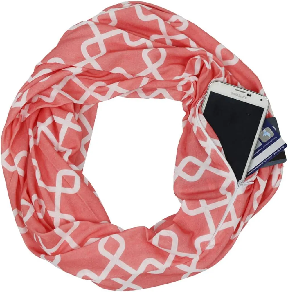 Women Chain Link Pattern Infinity Scarf Wrap Scarf with White Zipper Pocket, Infinity Scarves
