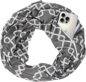Women Chain Link Pattern Infinity Scarf Wrap Scarf with White Zipper Pocket, Infinity Scarves
