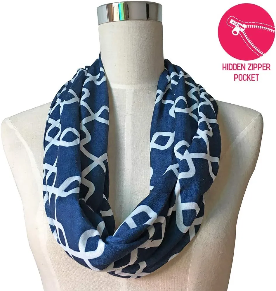 Women Chain Link Pattern Infinity Scarf Wrap Scarf with White Zipper Pocket, Infinity Scarves