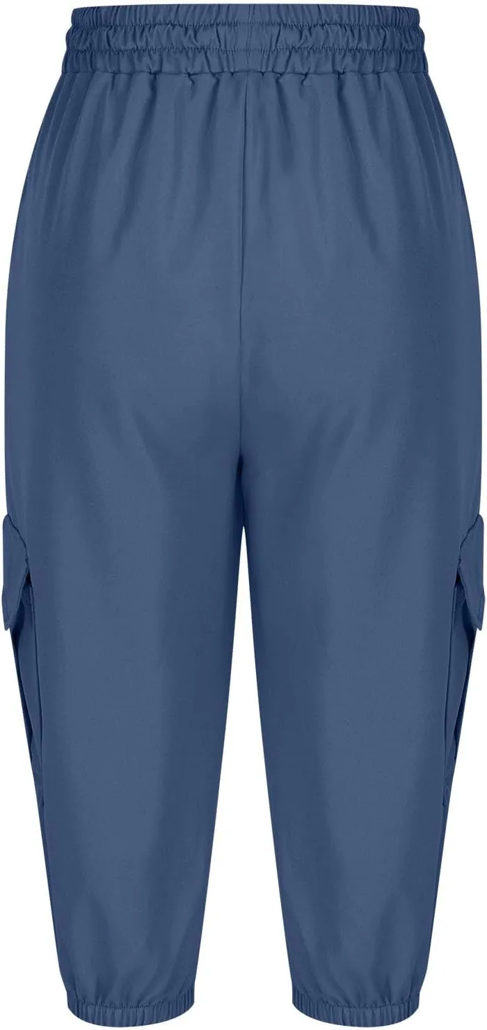 Women Cinch Bottom Cargo Shorts High Waisted Bermuda Shorts Summer Casual Baggy Twill Knee-Length Pants with Pockets