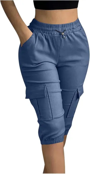 Women Cinch Bottom Cargo Shorts High Waisted Bermuda Shorts Summer Casual Baggy Twill Knee-Length Pants with Pockets