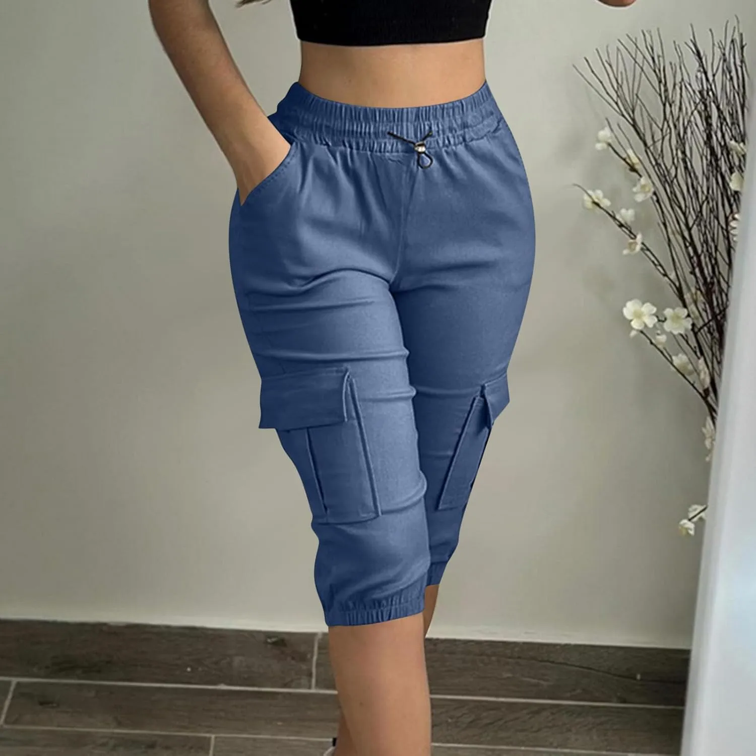 Women Cinch Bottom Cargo Shorts High Waisted Bermuda Shorts Summer Casual Baggy Twill Knee-Length Pants with Pockets