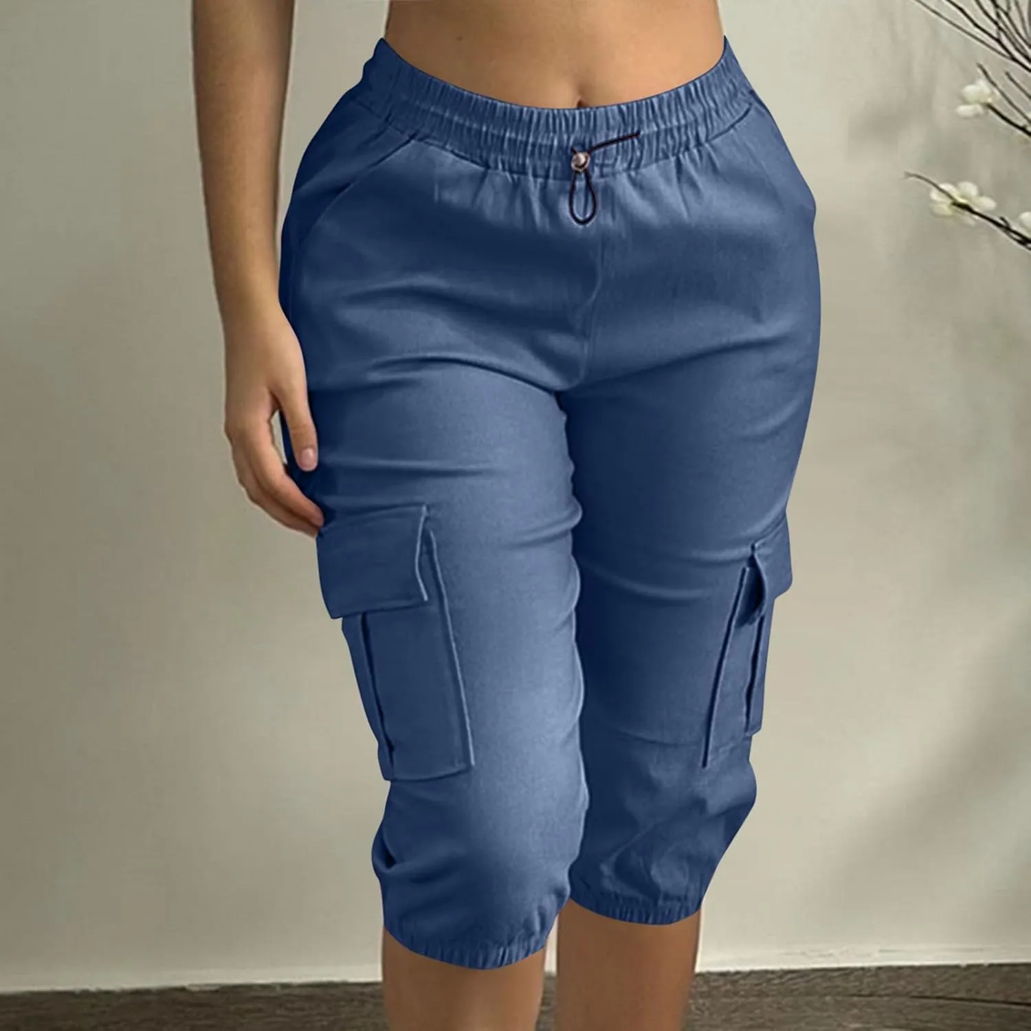 Women Cinch Bottom Cargo Shorts High Waisted Bermuda Shorts Summer Casual Baggy Twill Knee-Length Pants with Pockets