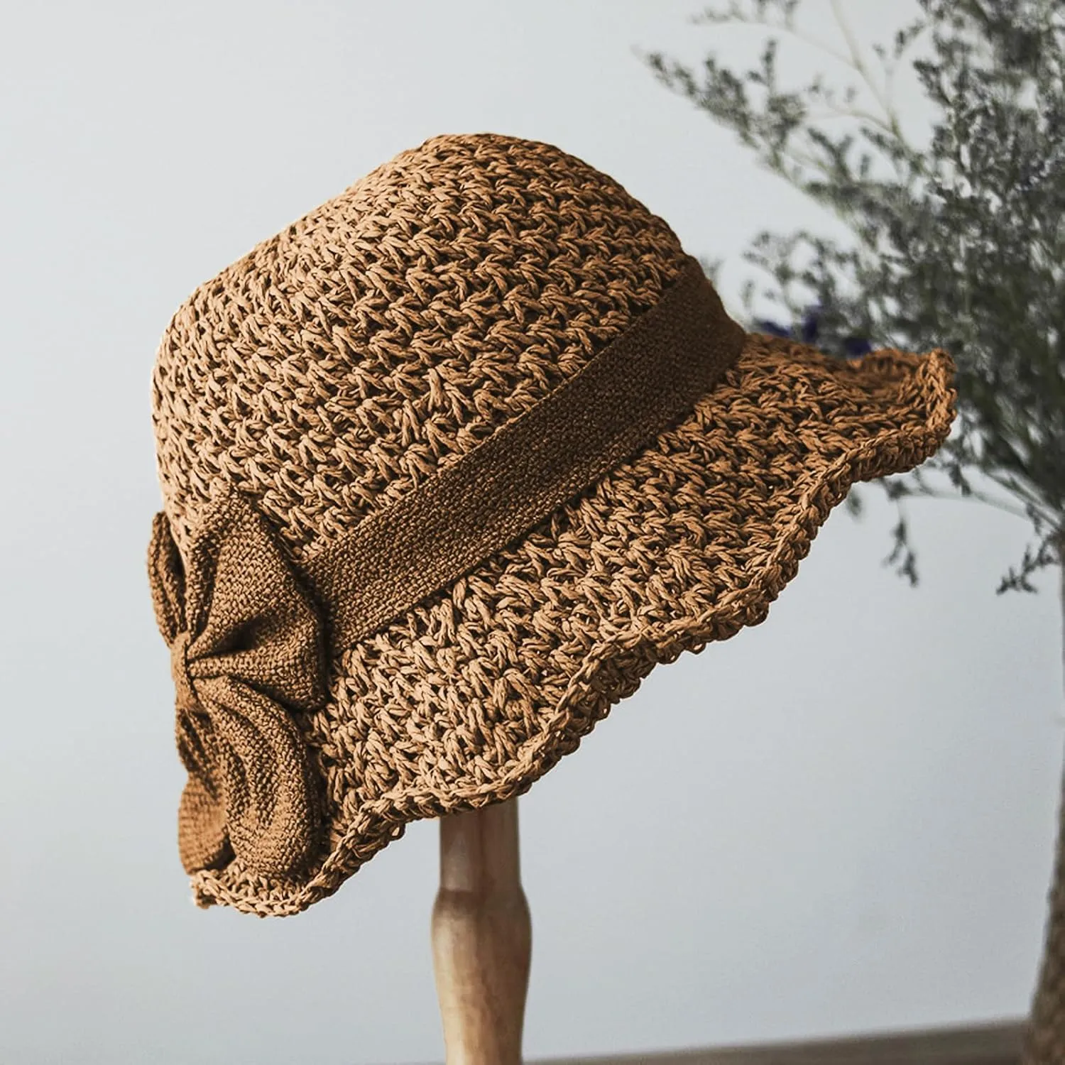 Women Crochet Floppy Straw Hat Shapeable Brim Soft Bowknot Sun Hats Lady Travel Summer Beach Garden Party