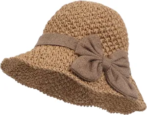 Women Crochet Floppy Straw Hat Shapeable Brim Soft Bowknot Sun Hats Lady Travel Summer Beach Garden Party